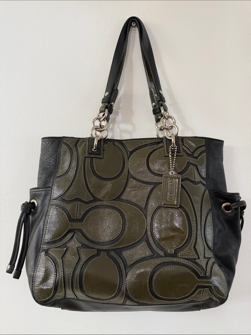 Coach Olive and Black Signature Tote with Chain Accent
